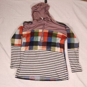 Celeste Multi Pattern Hoodie Womens Medium Check Striped Drawstring USA FLAW